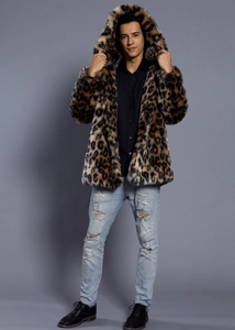 Front view of men's faux fur leopard print hooded coat with realistic plush texture