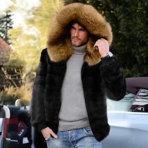 Men's faux fur winter coat with luxury fluffy hood and thick black fur texture