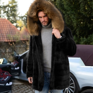 Men's faux fur coat in black with large brown hooded collar and horizontal stripes