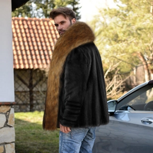 Men's faux fur winter coat with black plush body and large brown fur collar overcoat