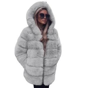 Women's light grey hooded faux fur coat with warm thick faux fur and striped stitching