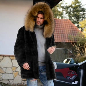 Men's faux fox fur coat with large brown fur collar hood and black horizontal stitching