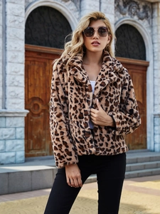 Close-up of the plush leopard print faux fur texture on this stylish lapel jacket
