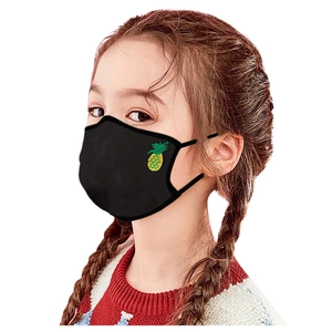Washable black fabric face mask for children featuring a yellow pineapple embroidery detail