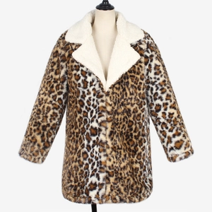 Faux fur leopard print coat with contrast white fleece collar on a mannequin
