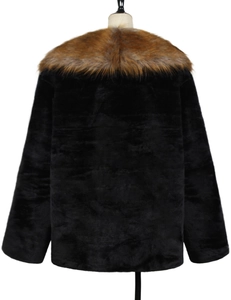 Back view of a men's faux fur coat with deep black body and plush brown collar