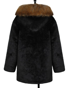 Detailed back view of a black faux fur coat with a thick brown plush faux fox fur collar