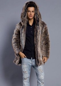 Close-up of men's faux fur hooded coat in brown-grey with thick, warm texture