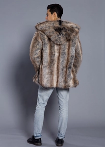 Back view of a thick faux fur hooded coat for men with vertical brown and gray stripes