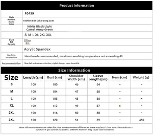 Detailed size chart for women's long faux fur coat including chest and length dimensions