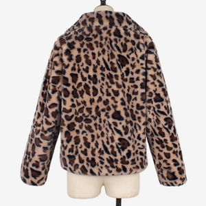 Rear view of faux fur leopard print coat with thick plush texture and long sleeves