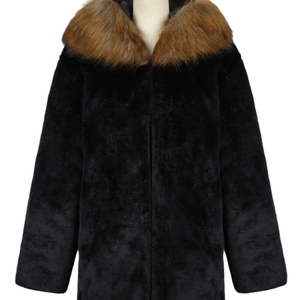 Men's winter faux fox fur coat with large warm brown collar and deep black body