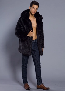 Men's fluffy black faux fur hooded coat featuring long plush texture and open front design