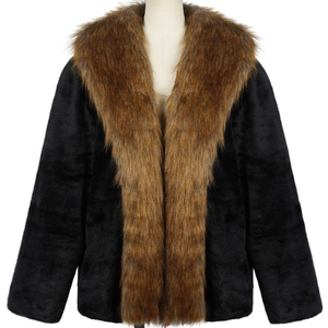 Men's faux fur coat in black with brown plush collar, mid-length straight cut outerwear