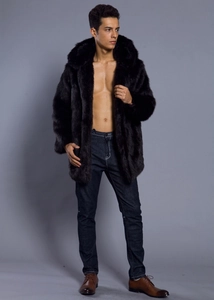Men's faux fur coat with thick black hood and long sleeves shown in a full-body studio view