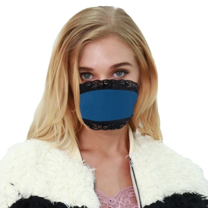 Washable royal blue lace face mask for sun protection with black floral lace trim