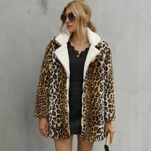 Women's Fashion Leopard Print Faux Fur Coat Winter Warm Contrast White Lamb Wool Lapel Mid-Length Commuter Outerwear Jacket