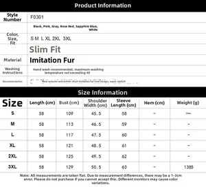 Detailed size guide for women's faux fur jacket with measurements from size S to 3XL