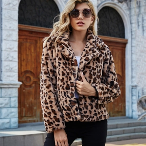 Women Casual Leopard Print Faux Fur Jacket Winter Long Sleeve Lapel Collar Warm Short Coat Commuting Fashion Outerwear
