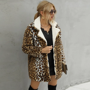 Faux fur leopard print coat featuring an oversized white fleece collar for winter