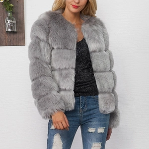 Women's faux fur short jacket in light grey featuring a stylish horizontal stripe design