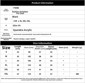 Tabella taglie per giacca in finta pelliccia nera con misure S-3XL e materiali