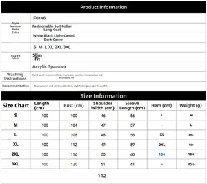 Size guide table for long faux fur lapel coat including S to 3XL measurements