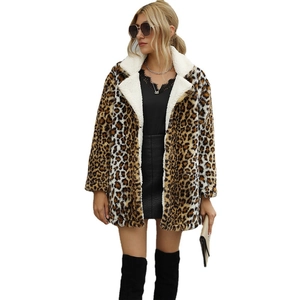 Women's leopard print faux fur coat with white fleece lapel for winter styling