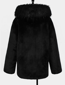 Back view of a men's faux fox fur coat in black with a large plush hood detail