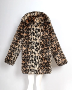 Rear view of long leopard faux fur coat with hood, showing high-quality fluffy texture