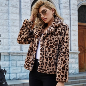 Women's faux fur leopard print jacket with notched lapel and long sleeves in slim fit style