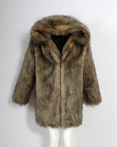 Detail of faux fur hooded coat showing thick brown faux fox fur texture and warm hood