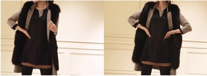 Manteau mi-long gris pour femme avec col en fausse fourrure noire et robe noire chic