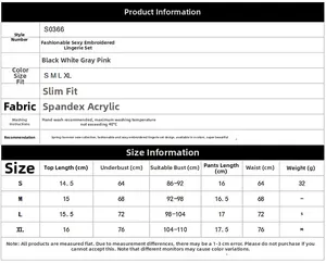 Detailed size guide table for embroidered wireless lingerie set with S to XL measurements