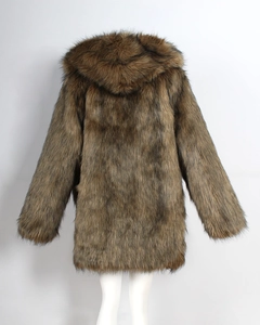 Back view of brown faux fur hooded jacket with thick texture and longline silhouette