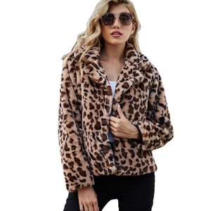 Women's faux fur leopard print jacket with notched lapel and long sleeves in classic tan