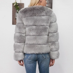 Back view of a cropped light grey faux fur jacket featuring horizontal striped stitching