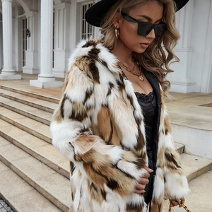 Women long faux fur coat with hooded color-block design in white and brown shades