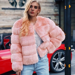 Chic pink faux fur cropped jacket with a stylish horizontal stripe pattern for women