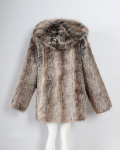 Back view of a thick faux fur hooded coat with realistic brown and beige texture