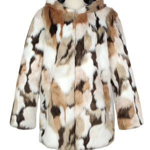 Women long faux fur hooded coat with casual color-block pattern in brown and white
