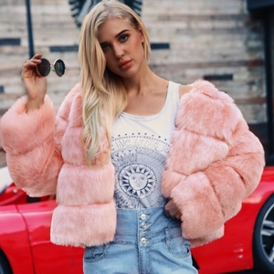 Pink faux fur cropped jacket for women featuring a horizontal segmented plush design