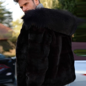 Men's black faux fox fur hooded coat featuring a stylish striped plush texture and large hood