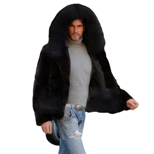 Men's winter faux fox fur coat in black featuring a large hood and warm long-pile texture