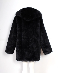 Back view of a thick black faux fur hooded coat for men with a plush winter texture