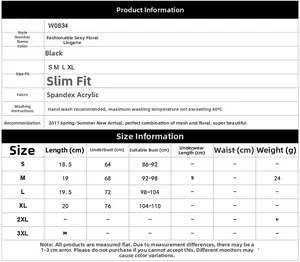 Detailed size chart for floral embroidery mesh lingerie with measurements from S to XL