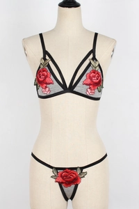 Detail of red rose embroidery on sexy mesh lingerie set with strappy design features