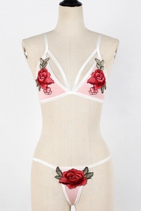 Detail of rose floral embroidery on pink mesh lingerie set with white lace trim