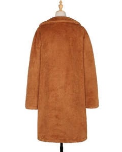 Rear view of a camel-colored oversized teddy bear coat with faux fur texture and lapel