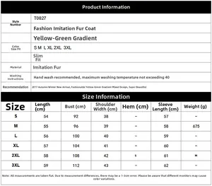 Detailed size chart for gradient faux fur jacket including chest, length, and sleeve measurements